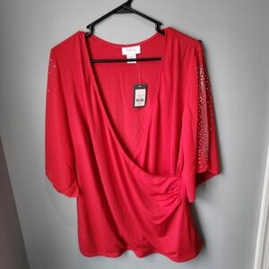 NWT Avenue Red sequined sleeve blouse